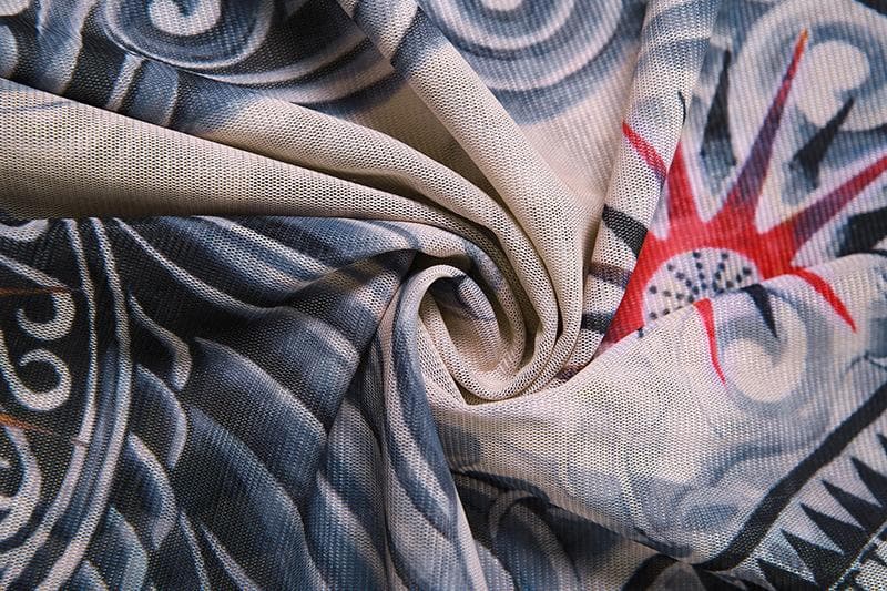 Edgy Tattoo Illusion Mesh Midi Dress with Gloves - Fall & Halloween Statement Piece