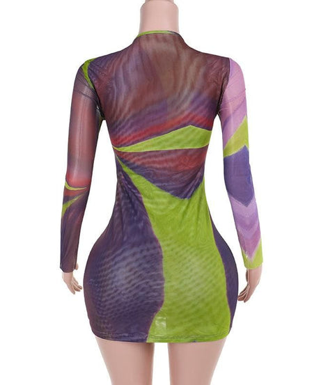 Sultry Plum & Olive Abstract Mesh Mini Dress with O-Ring Cutout | Fall Night Out