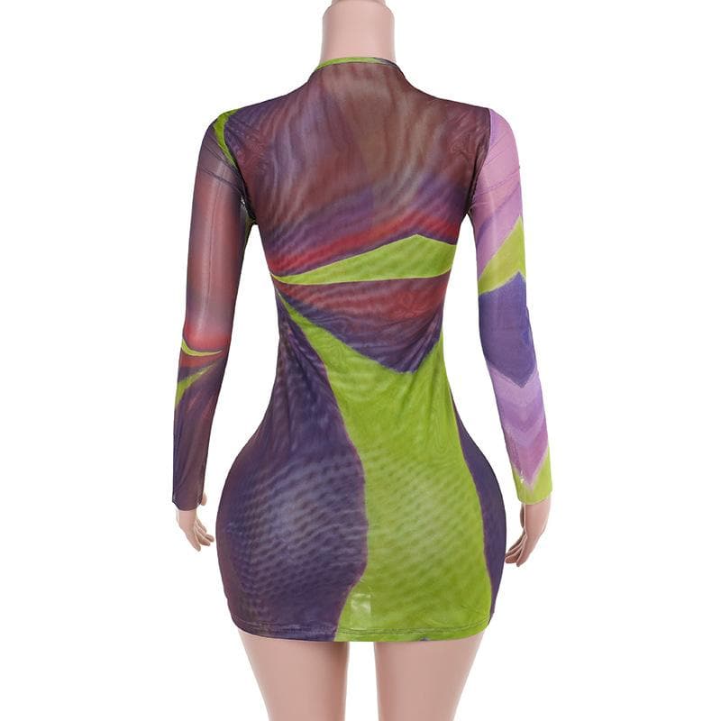 Sultry Plum & Olive Abstract Mesh Mini Dress with O-Ring Cutout | Fall Night Out