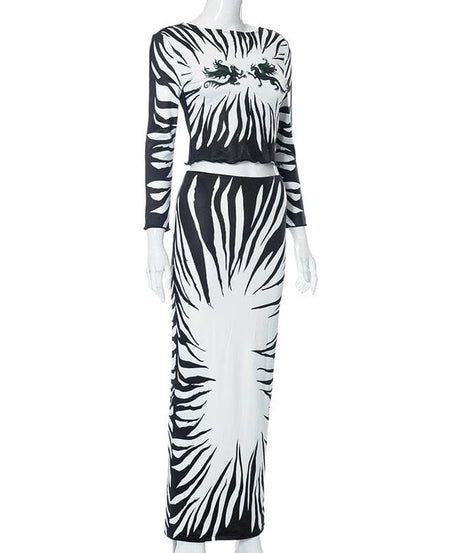 Fall Glam: Zebra Print Two-Piece Maxi Skirt Set with Mythical Graphic Crop Top - Statement Co-ord for Women