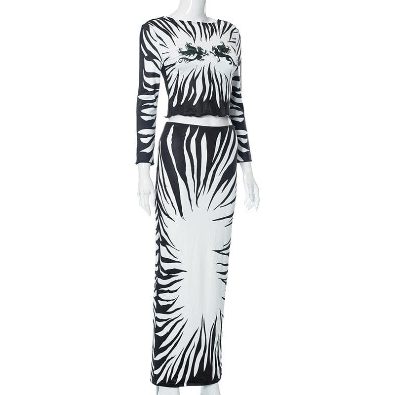Fall Glam: Zebra Print Two-Piece Maxi Skirt Set with Mythical Graphic Crop Top - Statement Co-ord for Women
