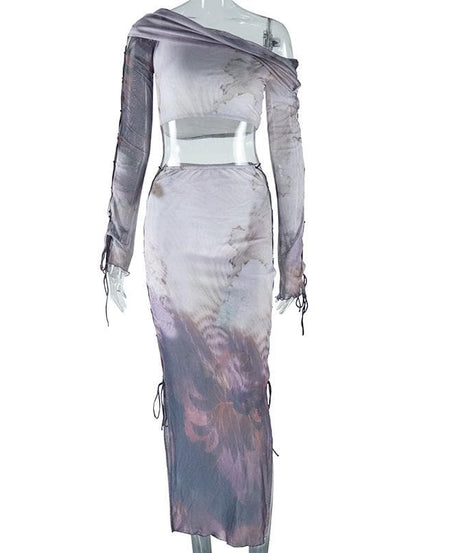 Ethereal Cloud Print Mesh Two-Piece Skirt Set - One-Shoulder Crop Top & Ruched Midi for Fall Nights