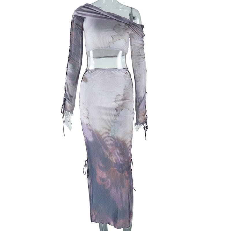 Ethereal Cloud Print Mesh Two-Piece Skirt Set - One-Shoulder Crop Top & Ruched Midi for Fall Nights