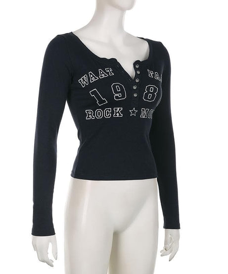 Effortless Fall Vibes: Retro 1986 Graphic Long Sleeve Henley Top for Women