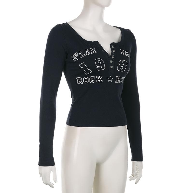 Effortless Fall Vibes: Retro 1986 Graphic Long Sleeve Henley Top for Women