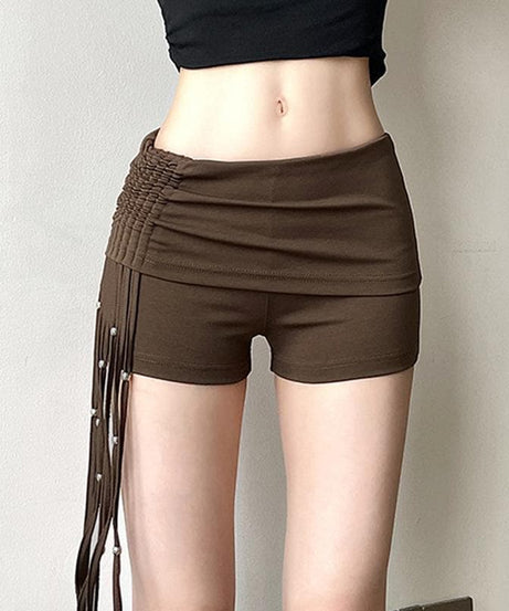 Spooky Season Chic: Y2K Low-Rise Ruched Shorts with Dazzling Beaded Tassels – Perfect for Fall Parties & Halloween