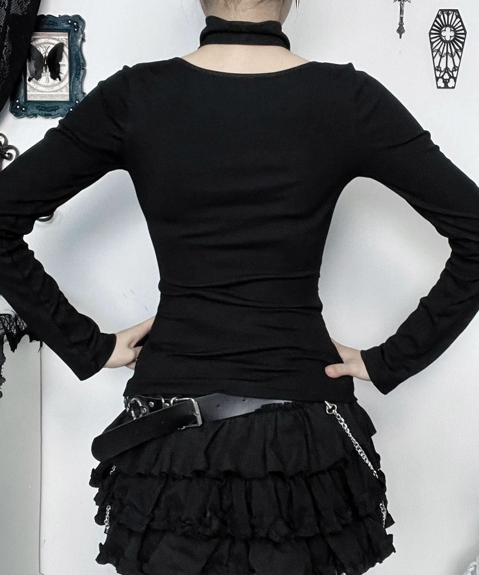 Sultry Black Lace-Up Corset Long Sleeve Top with Choker - Fall & Winter Edgy Chic