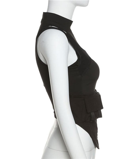 Edgy Mesh Utility Corset Top - High Neck Zip-Up Tactical Streetwear for Fall