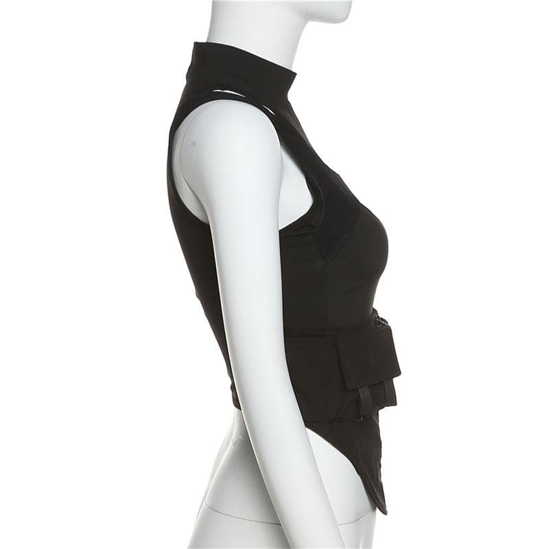 Edgy Mesh Utility Corset Top - High Neck Zip-Up Tactical Streetwear for Fall
