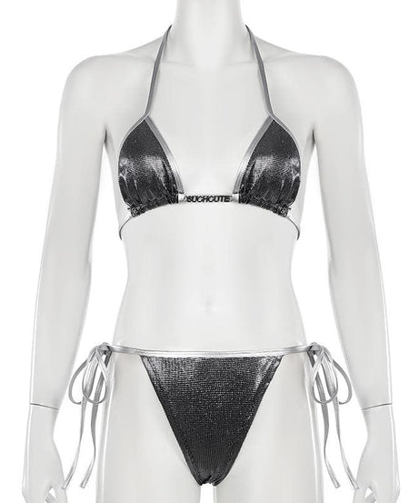 Dazzling Metallic Halter Bikini Set | Sparkle Tie-Side Swimwear for Resort & Parties