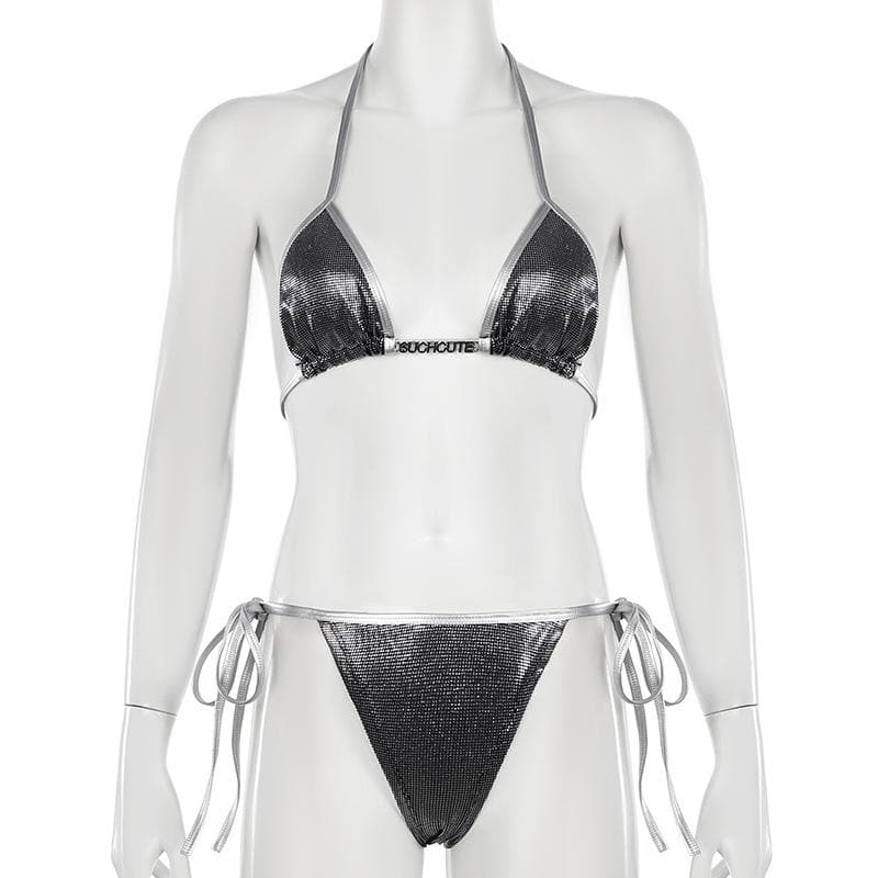 Dazzling Metallic Halter Bikini Set | Sparkle Tie-Side Swimwear for Resort & Parties