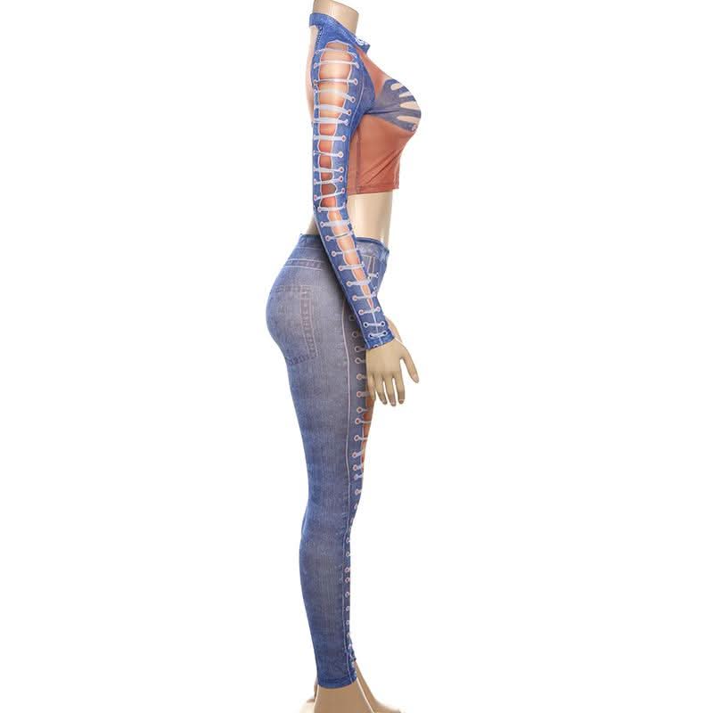 Slay the Season: Edgy Denim Illusion Ribcage Crop Top & Lace-Up Cutout Leggings Set – Fall Night Out & Halloween Ready