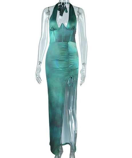 The Luxe Emerald Green Satin Halter Maxi Dress - Ruched Slit & Corset Detail for Holiday & New Year's Eve
