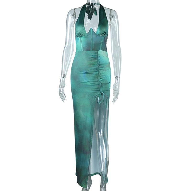 The Luxe Emerald Green Satin Halter Maxi Dress - Ruched Slit & Corset Detail for Holiday & New Year's Eve