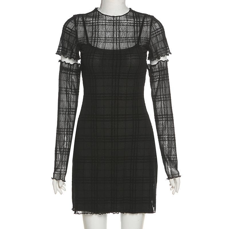 Spooky Chic Plaid Mesh Ruffled Mini Dress & Fingerless Gloves Set – Fall Party & Halloween Ready!