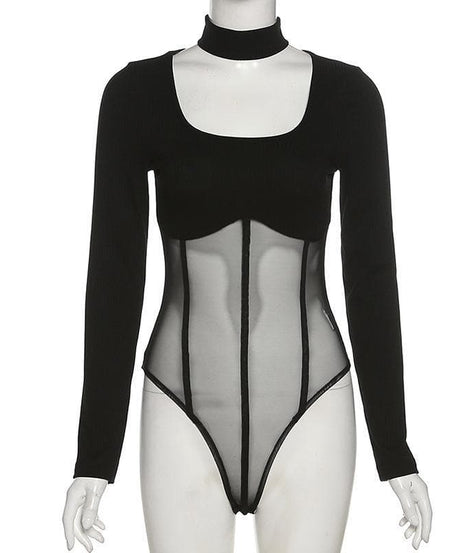 Midnight Ribbed & Mesh Bodysuit | High-Neck Choker Corset Top for Edgy Fall Nights