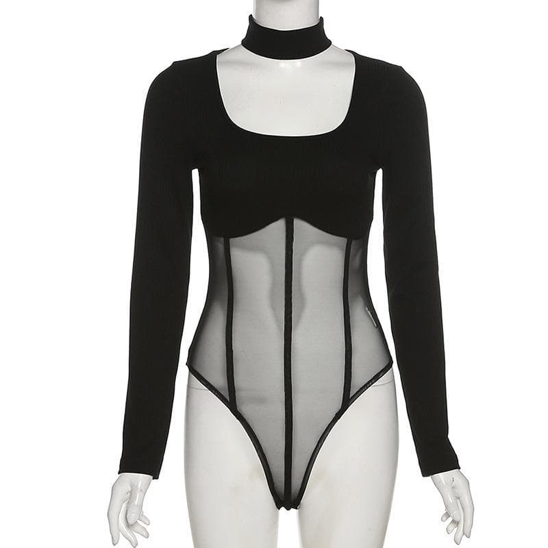 Midnight Ribbed & Mesh Bodysuit | High-Neck Choker Corset Top for Edgy Fall Nights