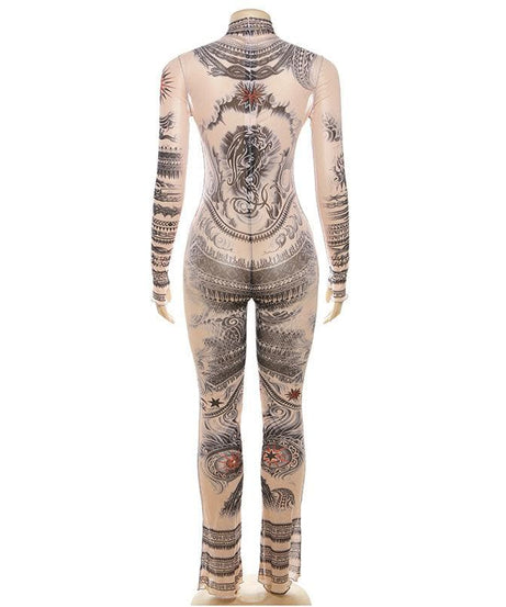 Illusion Tattoo Print Mesh Jumpsuit - Second Skin Fall & Halloween Statement Piece