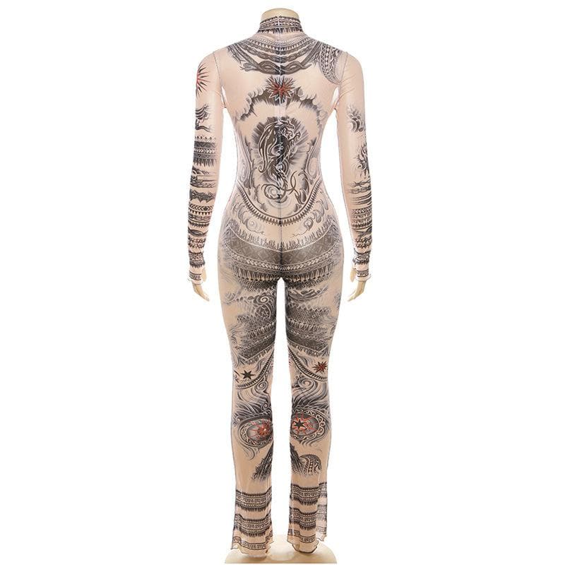 Illusion Tattoo Print Mesh Jumpsuit - Second Skin Fall & Halloween Statement Piece