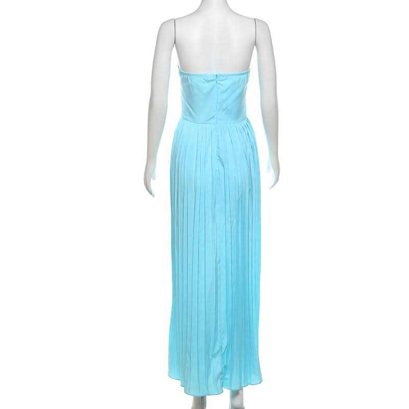 Azure Escape Strapless Pleated Maxi Dress - Fall Formal & Resort Ready Elegance