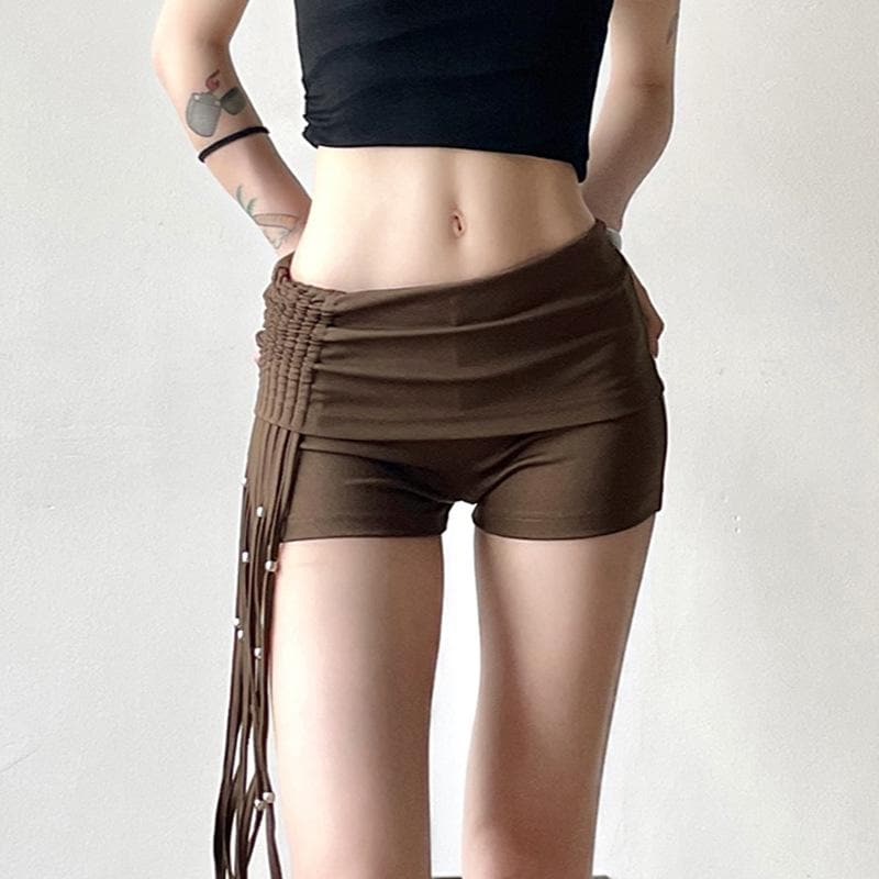 Spooky Season Chic: Y2K Low-Rise Ruched Shorts with Dazzling Beaded Tassels – Perfect for Fall Parties & Halloween