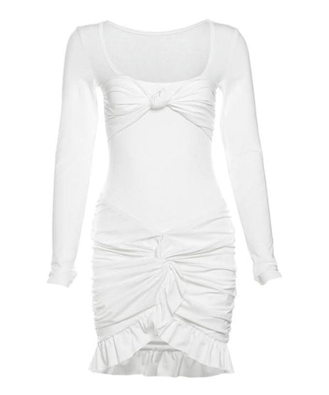 Autumn Glam: Chic White Long Sleeve Ruched Mini Dress - Knot Front & Ruffle Details
