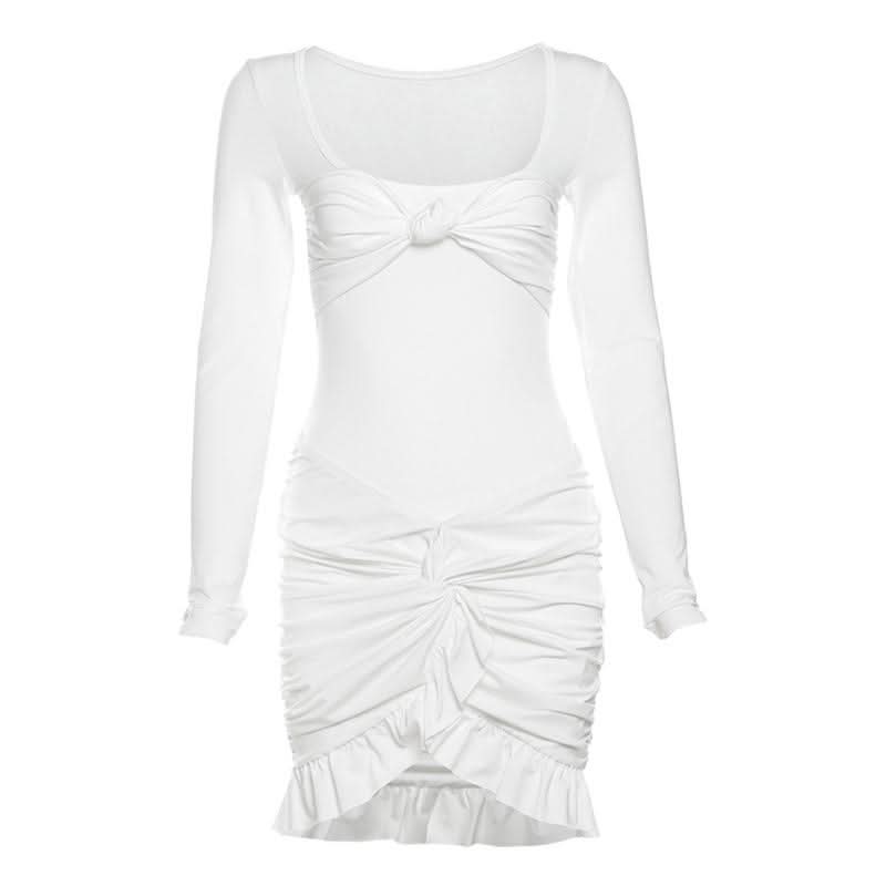 Autumn Glam: Chic White Long Sleeve Ruched Mini Dress - Knot Front & Ruffle Details