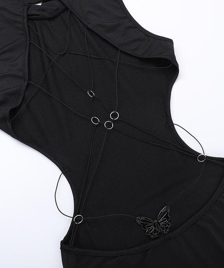 Sleek Black Backless Butterfly Chain Midi Dress with Thigh Slit – Fall & Holiday Event Ready