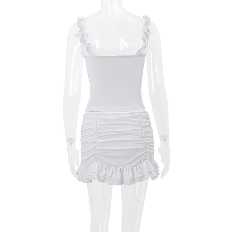 Flirty Coquette White Ruffle Cami & Pink Ribbon Ruched Mini Skirt Set