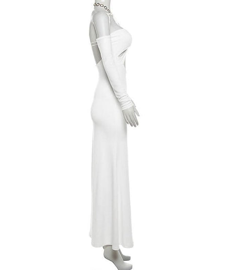 The Ultimate Statement: White O-Ring Cut-Out Maxi Dress with Elegant Long Sleeves – Holiday Galas & NYE Ready