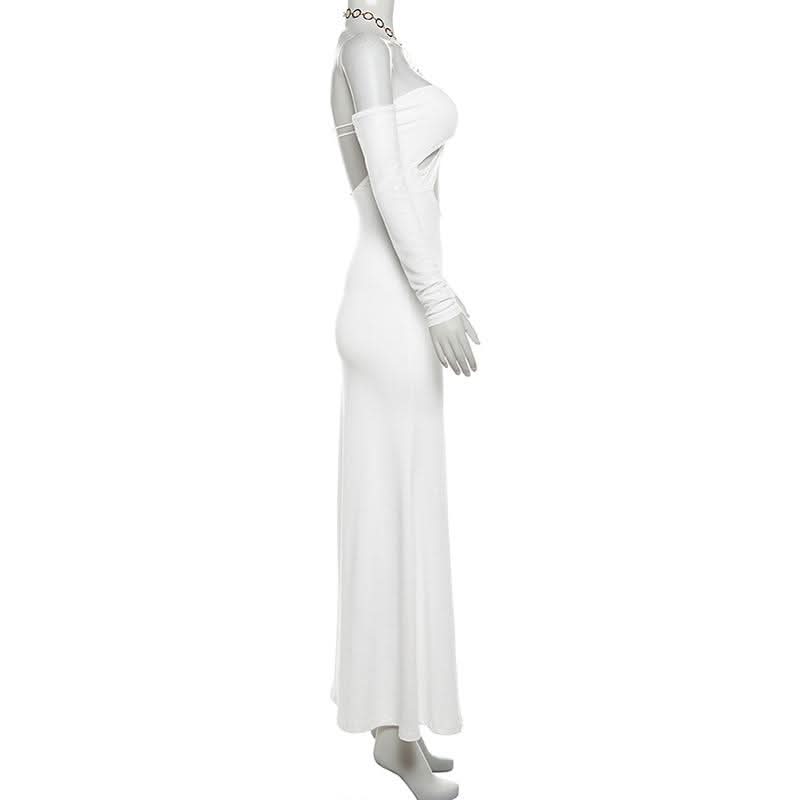 The Ultimate Statement: White O-Ring Cut-Out Maxi Dress with Elegant Long Sleeves – Holiday Galas & NYE Ready