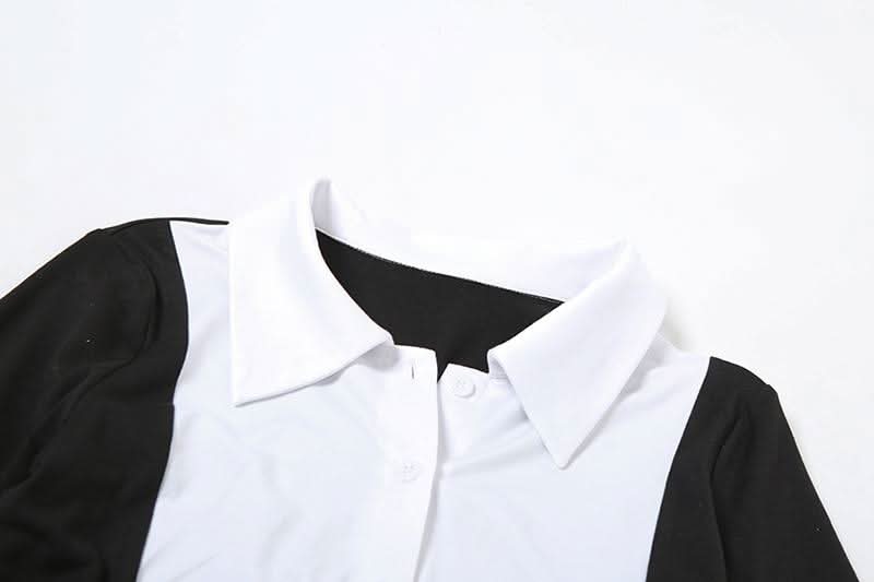 Sleek Black & White Belted Mini Dress | Faux Shirt & Skirt Design for Fall