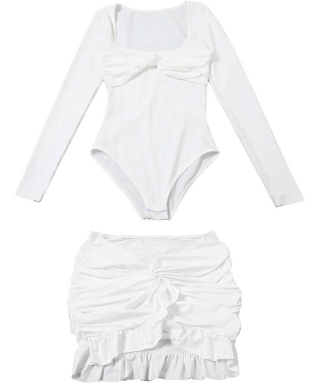 Autumn Glam: Chic White Long Sleeve Ruched Mini Dress - Knot Front & Ruffle Details