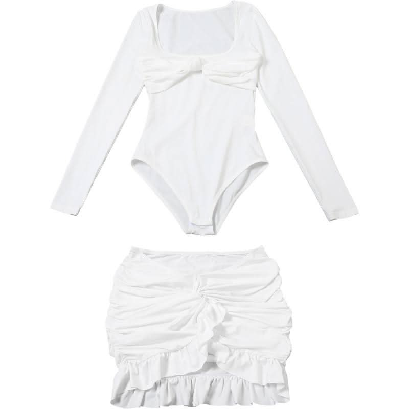 Autumn Glam: Chic White Long Sleeve Ruched Mini Dress - Knot Front & Ruffle Details