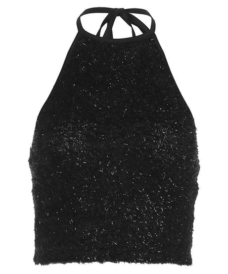 Luxe Black Fuzzy Halter Crop Top – Chic Fall & Holiday Going Out Style