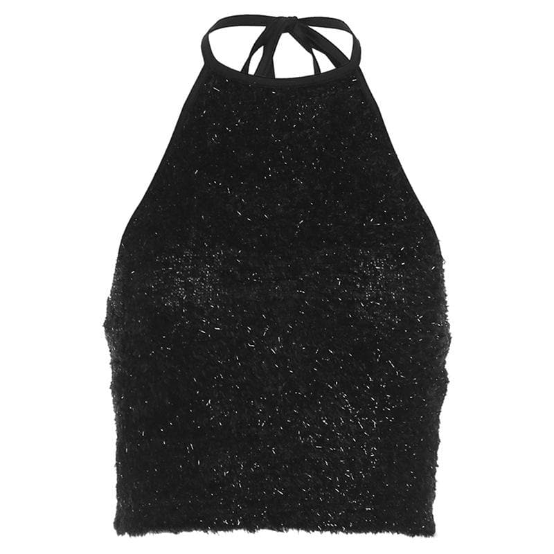 Luxe Black Fuzzy Halter Crop Top – Chic Fall & Holiday Going Out Style