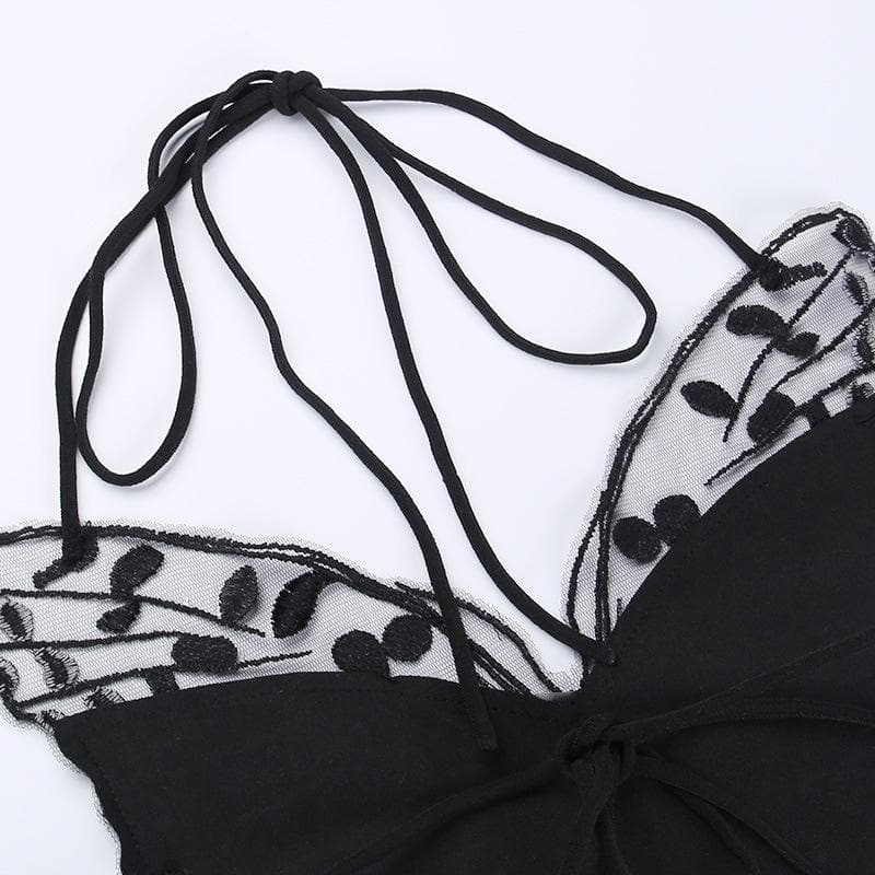 Whimsigoth Embroidered Butterfly Halter Crop Top - Y2K Backless Party & Halloween Ready