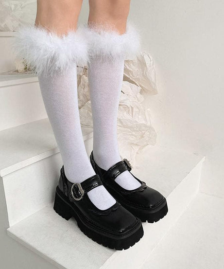 Luxe Feather-Trim Black Knee-High Socks - Autumn Glam & Halloween Ready!