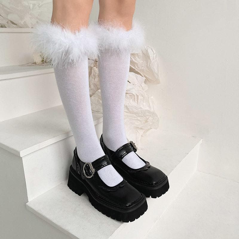 Luxe Feather-Trim Black Knee-High Socks - Autumn Glam & Halloween Ready!