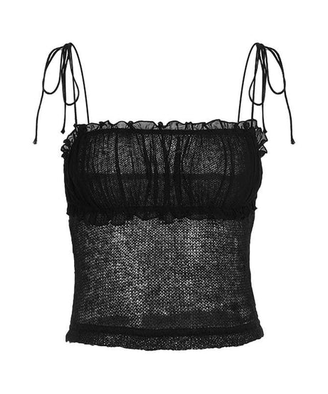 Chic Sheer Knit Ruffle Cami Top with Adjustable Tie-Shoulders - Fall Layering & Night Out Essential