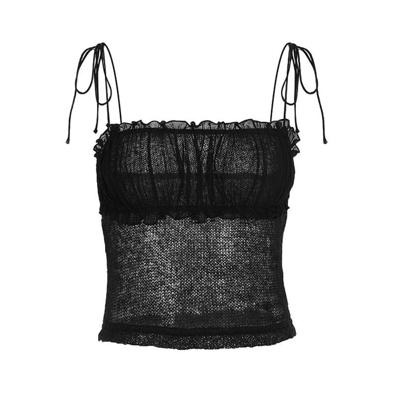 Chic Sheer Knit Ruffle Cami Top with Adjustable Tie-Shoulders - Fall Layering & Night Out Essential