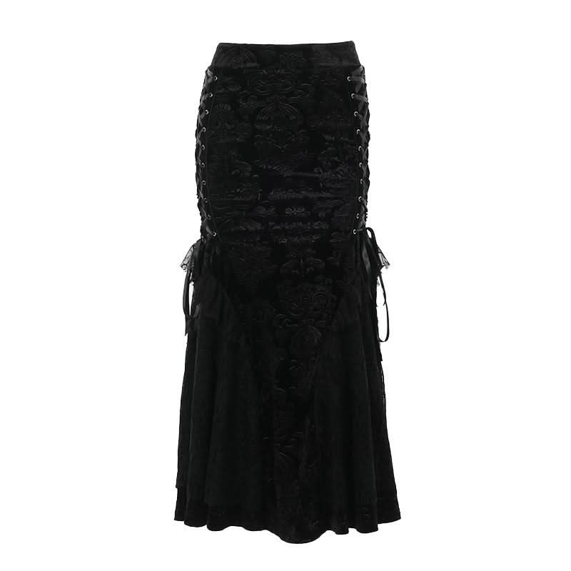 Enchanting Black Velvet Lace-Up Maxi Skirt | Gothic Fall & Halloween Statement Piece