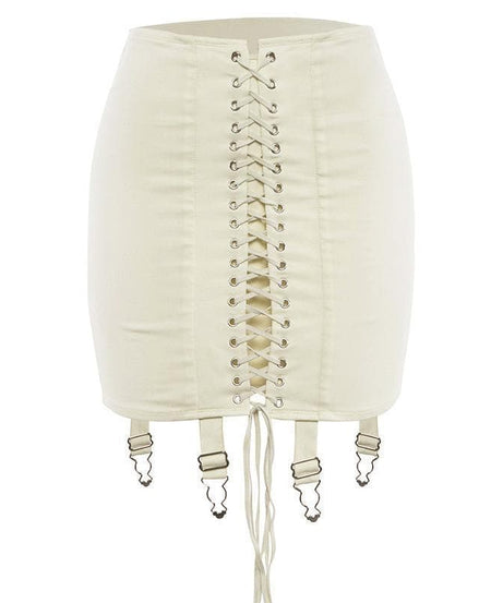 Fall's Edge: Cream Lace-Up Corset Mini Skirt with Garter Straps | High Waist Edgy Chic