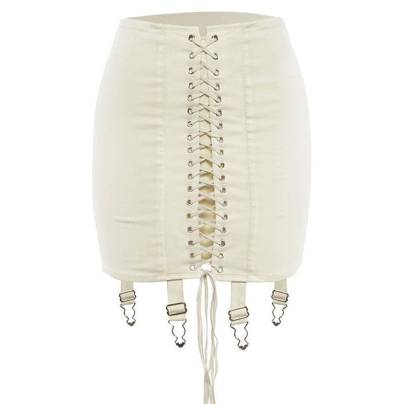 Fall's Edge: Cream Lace-Up Corset Mini Skirt with Garter Straps | High Waist Edgy Chic