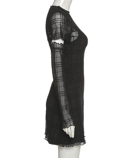 Spooky Chic Plaid Mesh Ruffled Mini Dress & Fingerless Gloves Set – Fall Party & Halloween Ready!