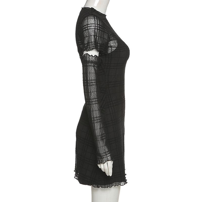 Spooky Chic Plaid Mesh Ruffled Mini Dress & Fingerless Gloves Set – Fall Party & Halloween Ready!