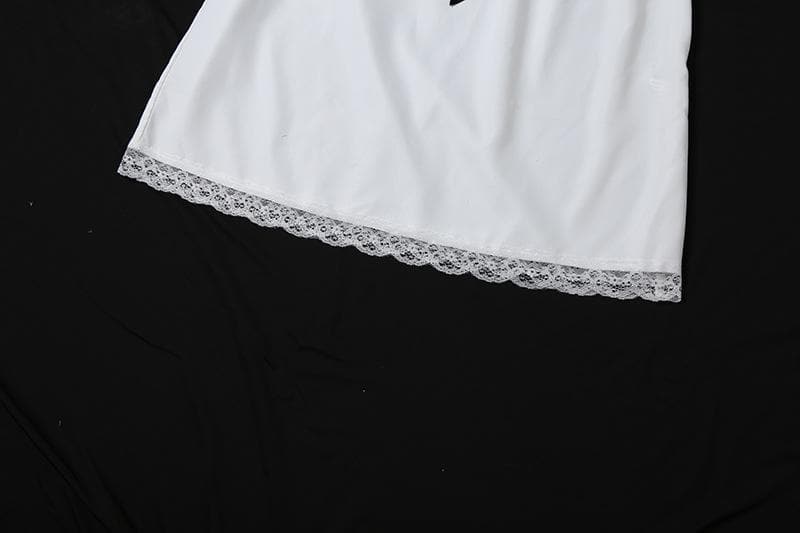 Dreamy White Satin & Lace Babydoll Chemise with Black Ribbon Bow – Elegant Fall Loungewear & Holiday Gift