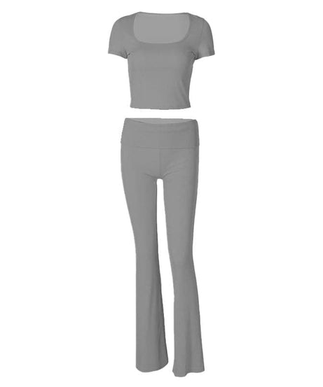 Blush Pink U-Neck Crop Top & Flared Pants Set: Cozy Chic for Fall Comfort & Athleisure