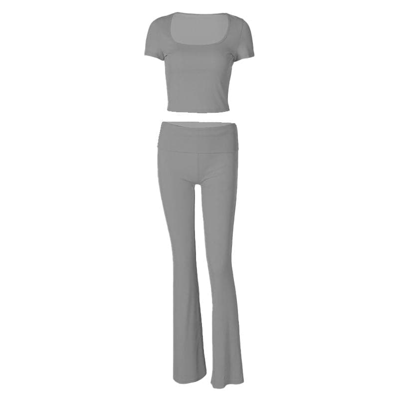 Blush Pink U-Neck Crop Top & Flared Pants Set: Cozy Chic for Fall Comfort & Athleisure