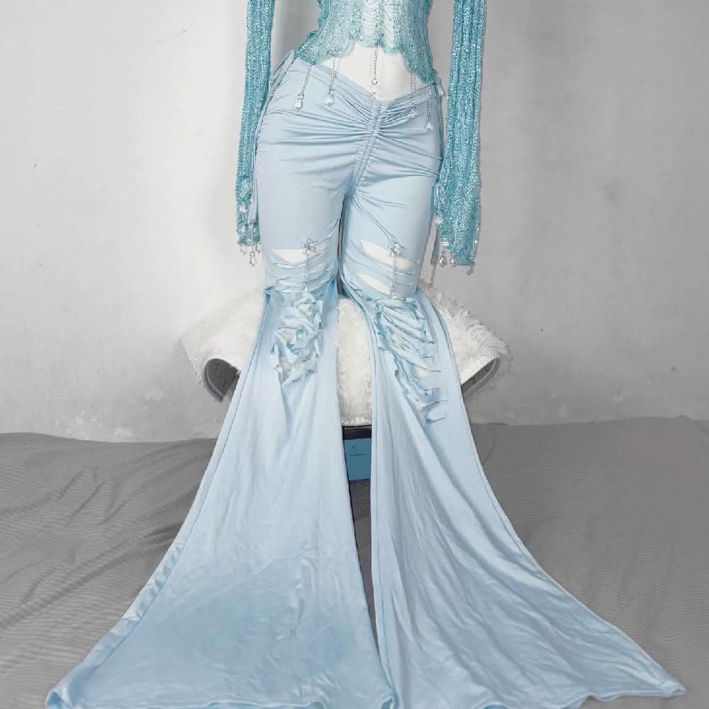 Y2K Aqua Distressed Knit Shrug & Bustier Top Set with Crystal Charms